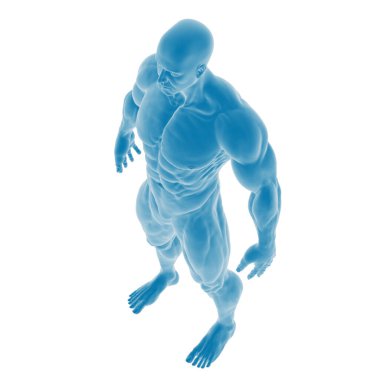 Kaslı bir erkek figürünün 3B mavi heykeli