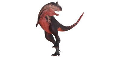 Beyaz arka planda dinamik poz veren gerçekçi dinozor oyuncağı.