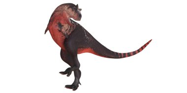 Beyaz arkaplanda renkli dinozor modeli.