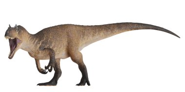 Profil görünümünde kükreyen bir dinozor tasviri.