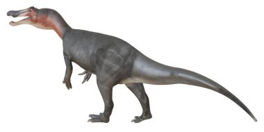 Beyaz arka planda gerçekçi Allosaurus dinozor modeli.