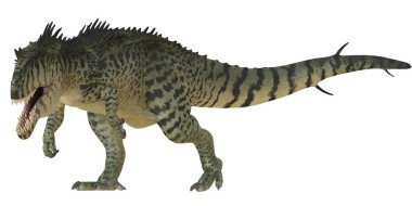 Keskin dişleri ve çizgileri olan vahşi bir dinozor..