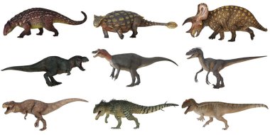 Çeşitli dinozor türlerinin koleksiyonu.