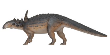 Beyaz arka planda boynuzları olan görkemli bir dinozor..
