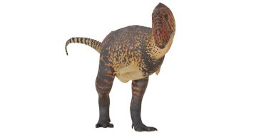 Beyaz arka plana karşı görkemli dinozor figürü.