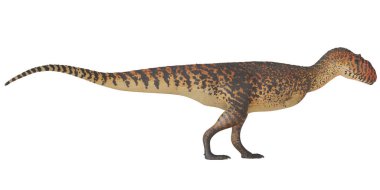 Renkli bir dinozor modelinin yan görüntüsü.