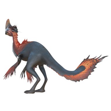 Tüyleri olan renkli dinozor benzeri bir yaratık.
