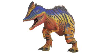 Canlı çizgileri ve geniş açık çeneli renkli dinozor.