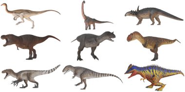 Çeşitli pozlarda gerçekçi dinozor çizimleri