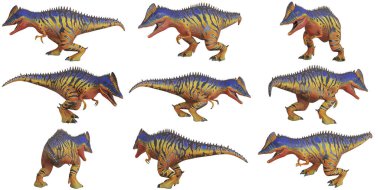 Çeşitli dinamik pozlarda renkli dinozor heykelciği