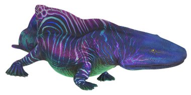 Canlı, renkli tarih öncesi deniz sürüngeni çizimi.