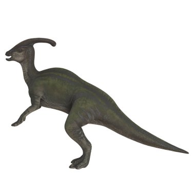 Beyaz arka planda gerçekçi Parasaurolophus dinozor modeli.