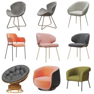 Çeşitli renkte modern sandalyeler ve tasarımlar..