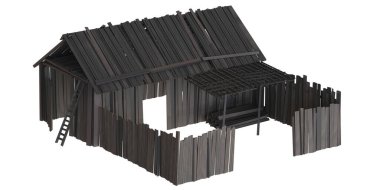 Eski bir ahşap barakanın 3 boyutlu modeli.