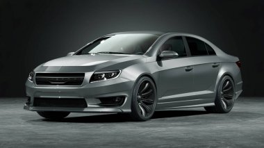 Stüdyo ortamında markasız, jenerik konsept bir arabanın 3 boyutlu çizimi.