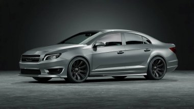 Stüdyo ortamında markasız, jenerik konsept bir arabanın 3 boyutlu çizimi.