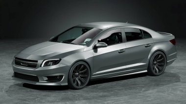 Stüdyo ortamında markasız, jenerik konsept bir arabanın 3 boyutlu çizimi.