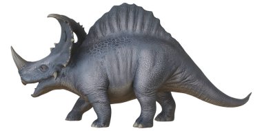 Etkileyici boynuzları olan gri bir dinozor modeli.