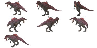 Çeşitli pozlarda sergilenen dinozor heykelciği.