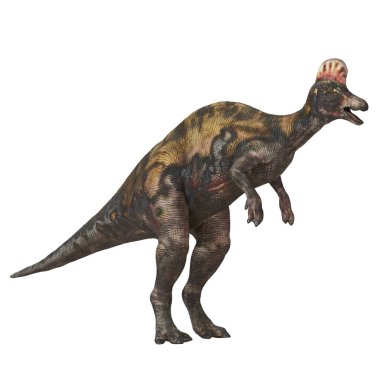 Dinamik pozisyonda gerçekçi bir dinozor modeli.