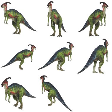 Çeşitli pozlarda renkli dinozor çizimleri.