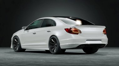 Stüdyo ortamında markasız, jenerik konsept bir arabanın 3 boyutlu çizimi.