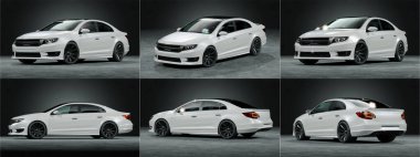 Stüdyo ortamında markasız, jenerik konsept bir arabanın 3 boyutlu çizimi.