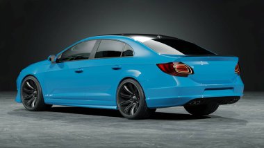 Stüdyo ortamında markasız, jenerik konsept bir arabanın 3 boyutlu çizimi.