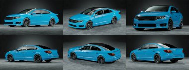 Stüdyo ortamında markasız, jenerik konsept bir arabanın 3 boyutlu çizimi.