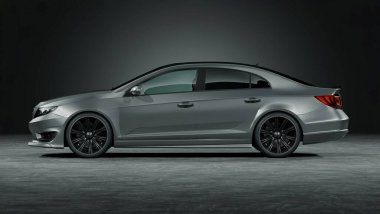 Stüdyo ortamında markasız, jenerik konsept bir arabanın 3 boyutlu çizimi.