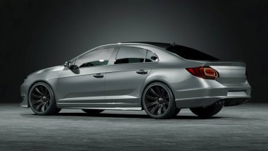 Stüdyo ortamında markasız, jenerik konsept bir arabanın 3 boyutlu çizimi.