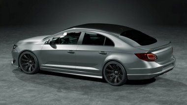 Stüdyo ortamında markasız, jenerik konsept bir arabanın 3 boyutlu çizimi.