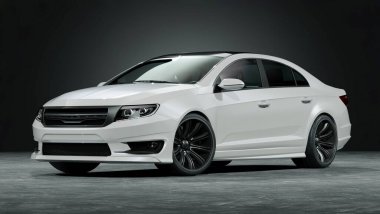 Stüdyo ortamında markasız, jenerik konsept bir arabanın 3 boyutlu çizimi.