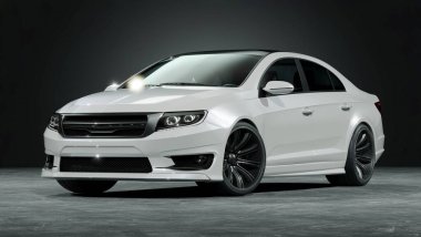 Stüdyo ortamında markasız, jenerik konsept bir arabanın 3 boyutlu çizimi.