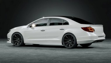 Stüdyo ortamında markasız, jenerik konsept bir arabanın 3 boyutlu çizimi.