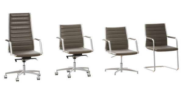 Set of four modern office chairs in gray leather.