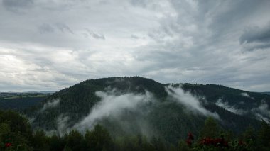 Bulutlu bir gökyüzünün altındaki puslu dağ manzarası