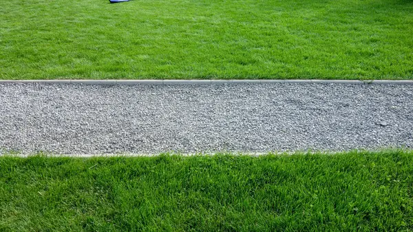 Çimenlerin arasından geçen çakıl yolu.