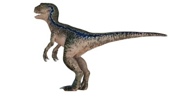 Beyaz arka planda gerçekçi dinozor heykeli.