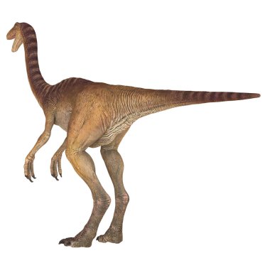 Beyaz arka planda gerçekçi bir dinozor heykeli.