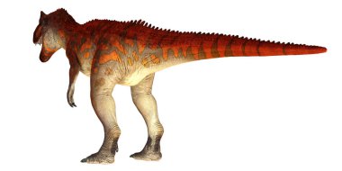 Canlı renklerde bir Carnotaurus dinozorunun tasviri.