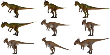 Değişik pozları olan üç boyutlu renkli dinozor modelleri.