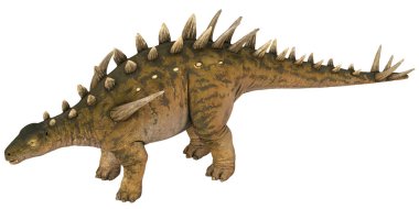 Beyaz zemin üzerinde zırhlı bir dinozorun 3 boyutlu canlandırması.