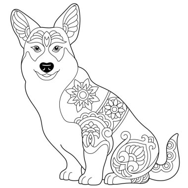 Şirin Pembroke Galli Corgi köpeği. Mandala tarzında yetişkin boyama kitabı sayfası