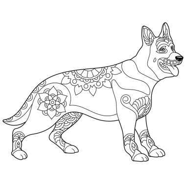 Tatlı Alman çoban köpeği Yetişkin boyama kitabı sayfası Mandala tarzı.