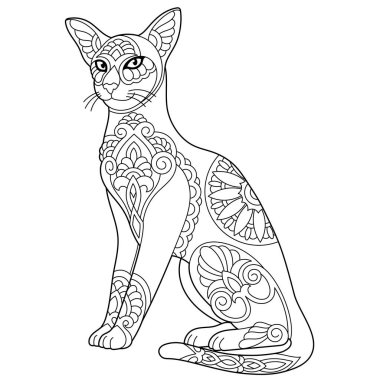Şirin oryantal kısa hava kedisi. Mandala tarzında yetişkin boyama kitabı sayfası