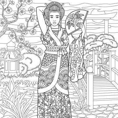 Çiçek bahçesindeki güzel Japon kadın. Mandala tarzında yetişkin boyama kitabı sayfası
