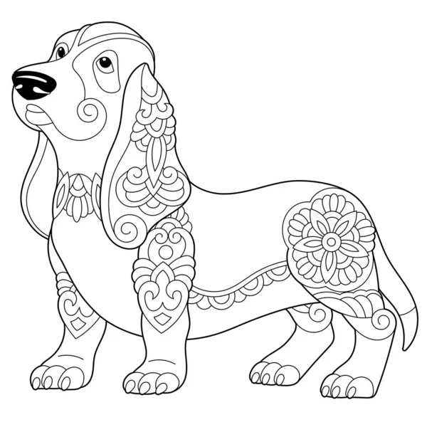 Cute Basset Hound Dog Adult Coloring Book Page Mandala Style — Stock Vector