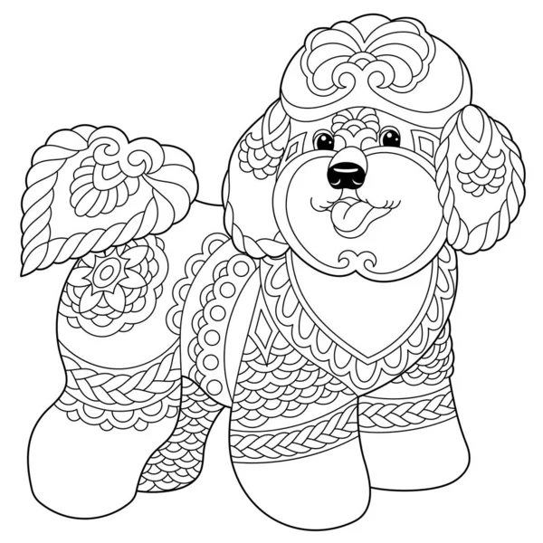 Cute Bichon Frise Dog Adult Coloring Book Page Mandala Style — Stock Vector
