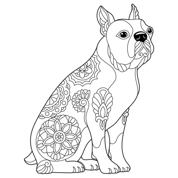 Cute Boston Terrier Dog Adult Coloring Book Page Mandala Style — Stock Vector